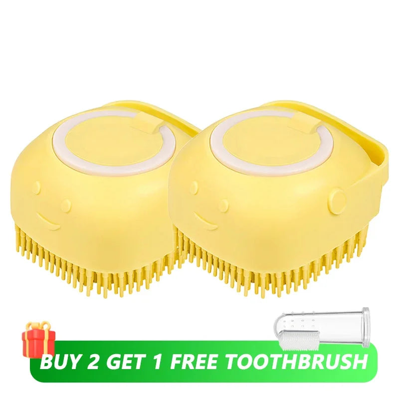 Professional Dog and Cat Bathing Brush with Shampoo Dispenser - Soft Silicone and Rubber Bristle Grooming Tool