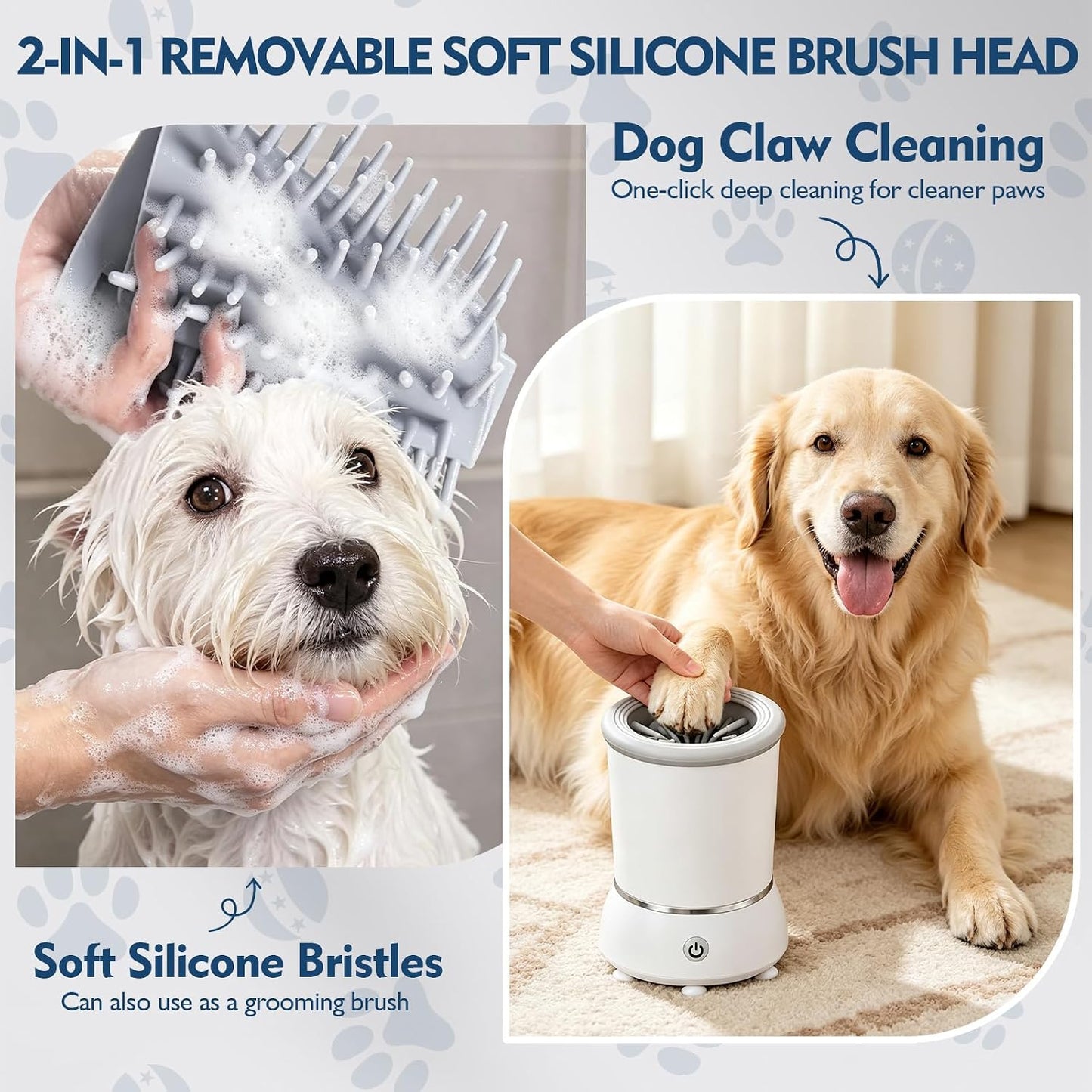 Dog Paw Cleaner Automatic Silicone Washer Cup, USB Rechargeable 2000Mah Portable Grooming Massager Dirty Paws for Small Medium Dogs Cats, White