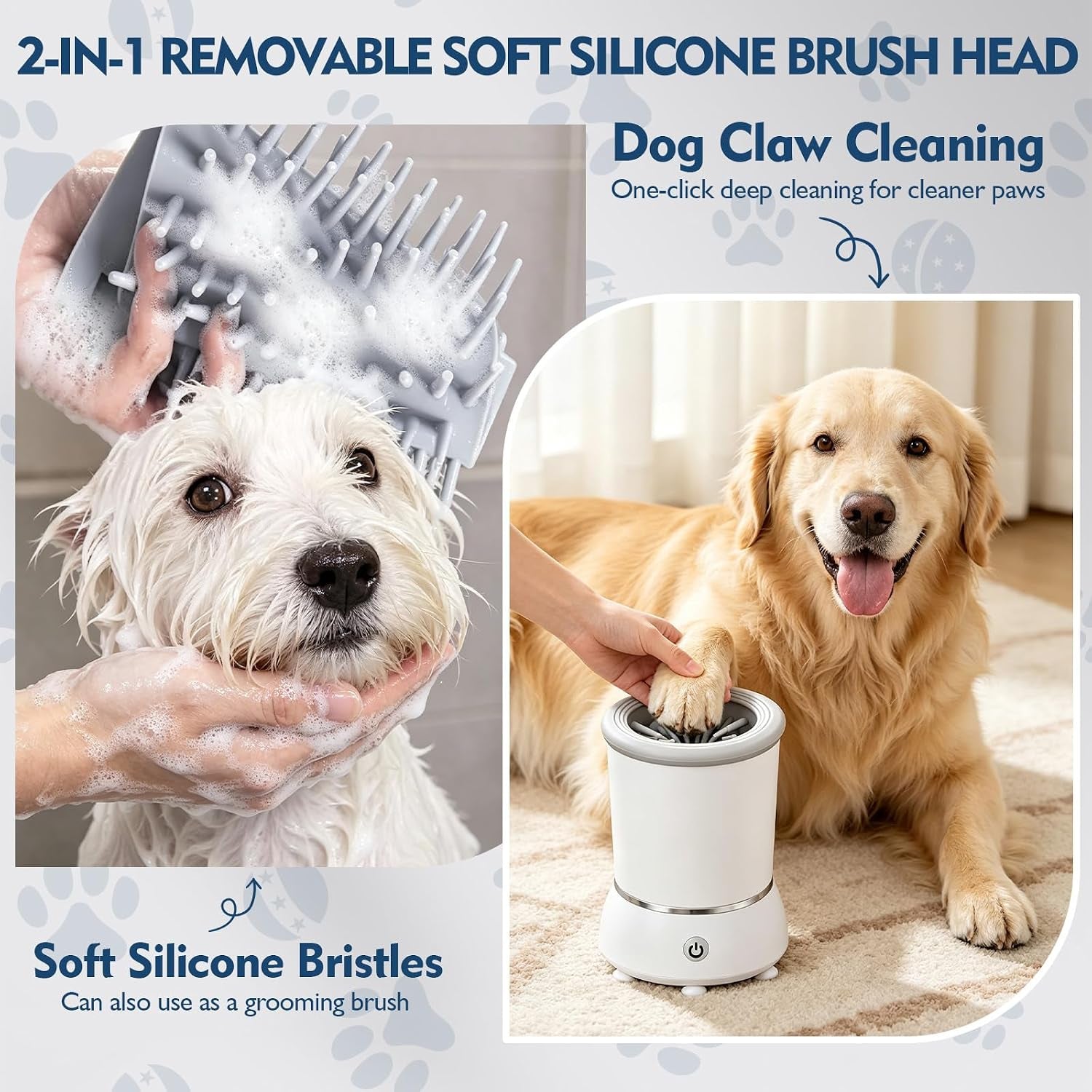 Dog Paw Cleaner Automatic Silicone Washer Cup, USB Rechargeable 2000Mah Portable Grooming Massager Dirty Paws for Small Medium Dogs Cats, White