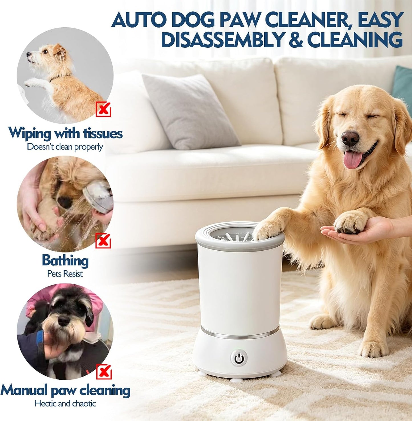 Dog Paw Cleaner Automatic Silicone Washer Cup, USB Rechargeable 2000Mah Portable Grooming Massager Dirty Paws for Small Medium Dogs Cats, White