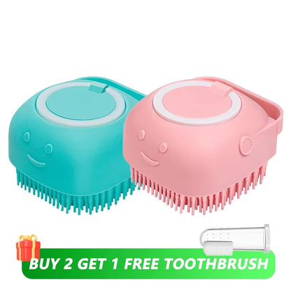Professional Dog and Cat Bathing Brush with Shampoo Dispenser - Soft Silicone and Rubber Bristle Grooming Tool