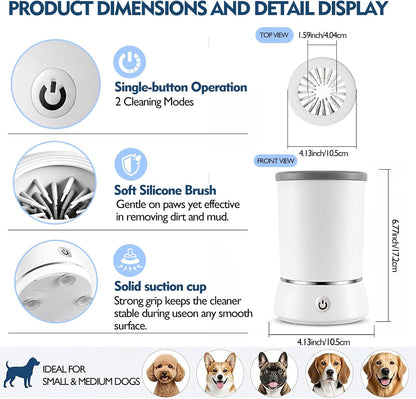Dog Paw Cleaner Automatic Silicone Washer Cup, USB Rechargeable 2000Mah Portable Grooming Massager Dirty Paws for Small Medium Dogs Cats, White