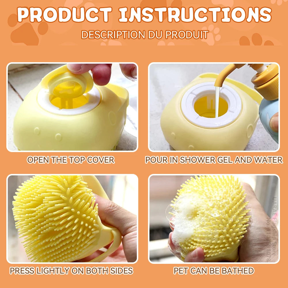 Professional Dog and Cat Bathing Brush with Shampoo Dispenser - Soft Silicone and Rubber Bristle Grooming Tool
