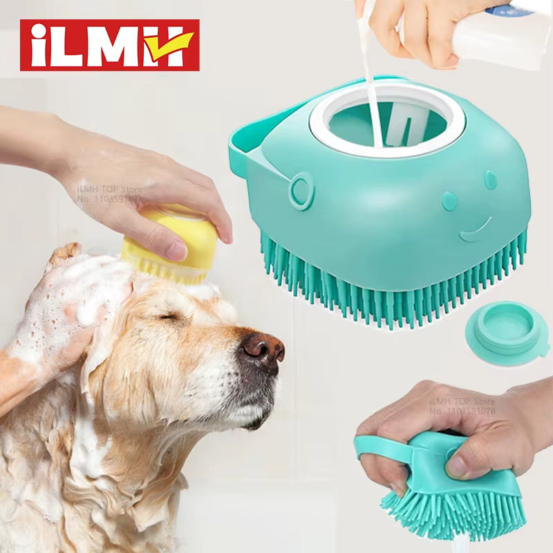 Professional Dog and Cat Bathing Brush with Shampoo Dispenser - Soft Silicone and Rubber Bristle Grooming Tool